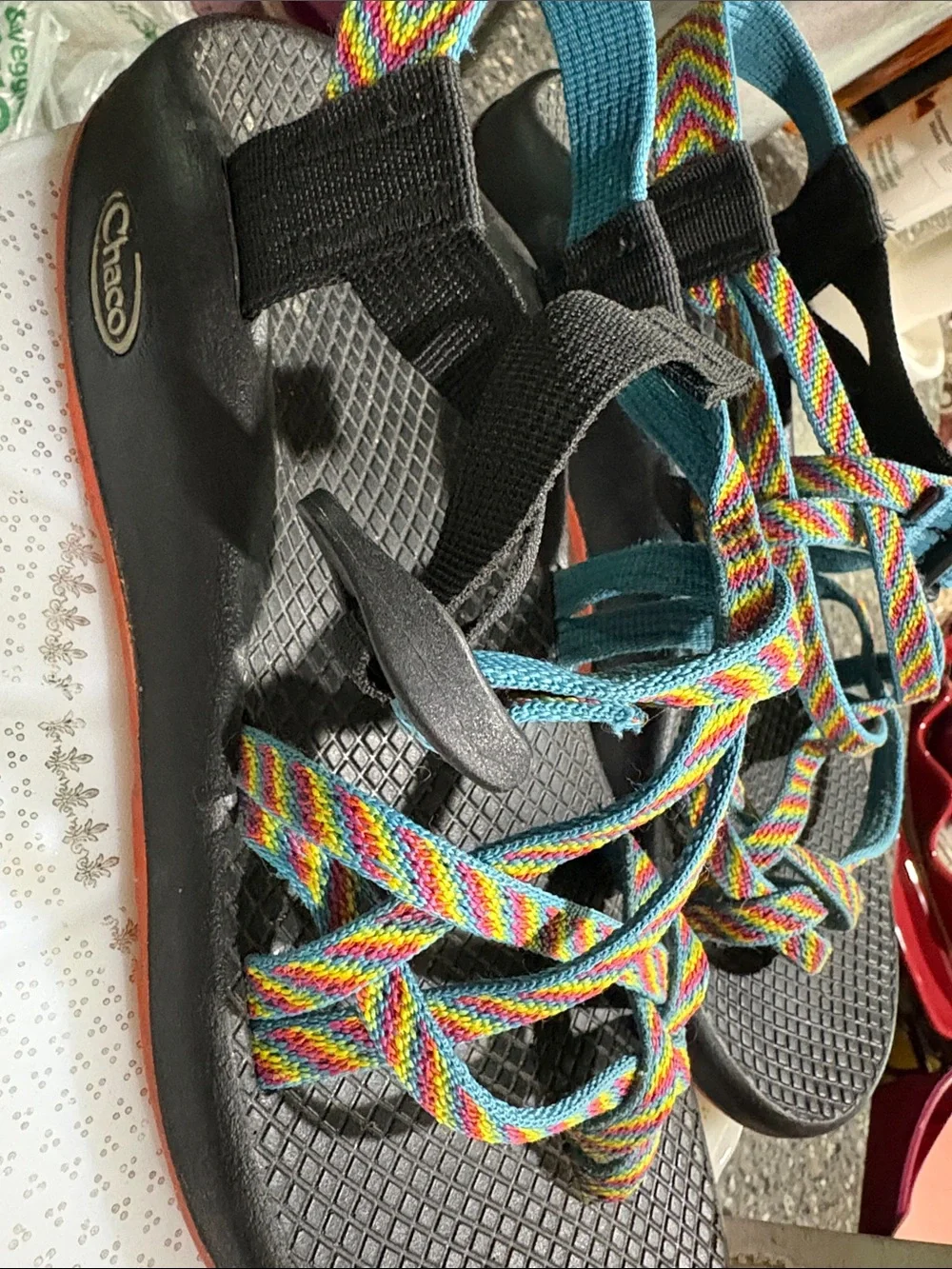 Chaco Women's Multicolor Rainbow Strap Black Sandals with Orange Trim